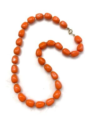 Vintage Chunky Orange Faux Coral Nugget Bead Statement Necklace Gold Accent